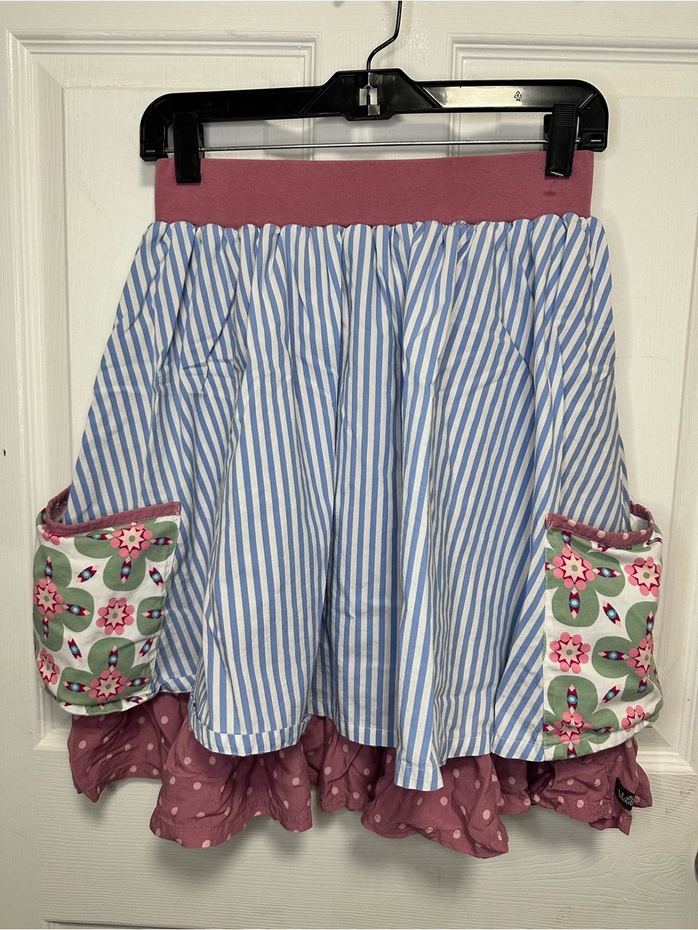 Matilda Jane Blue & White Striped Skirt with Pink Waistband and Floral Pockets